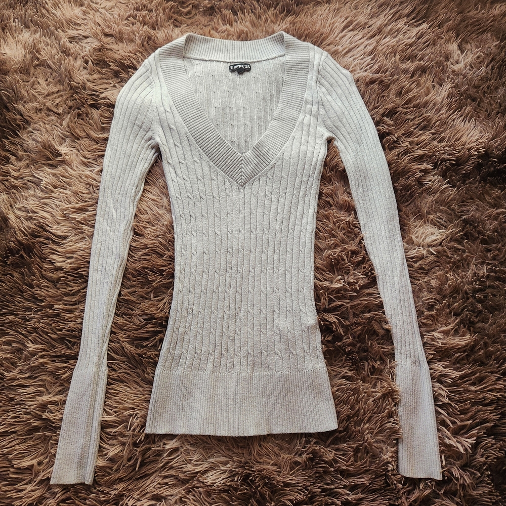 Y2K Gray V-neck Cable Knit Bella Swan Sweater XS
